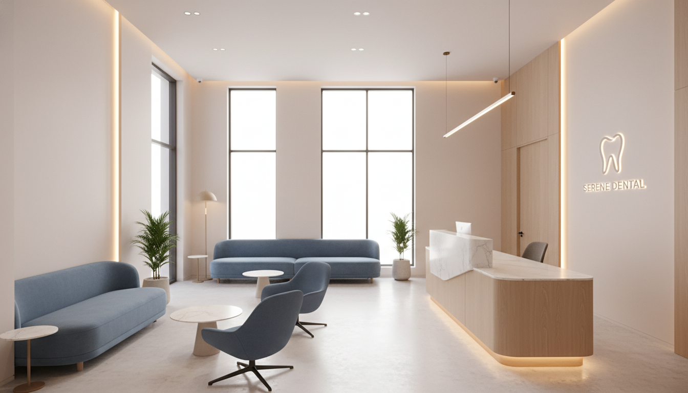Recepção moderna e acolhedora da clínica dentária MyKlinic em Matosinhos.